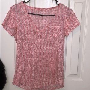 Coral V-neck Cap Sleeve Tee with Floral Design